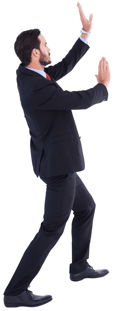 Transparent Businessman Performs Exciting Gestures in Suit on Isolated Background