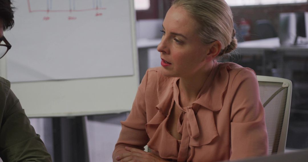 Leaning professional woman listening and discussing in team meeting with flipchart