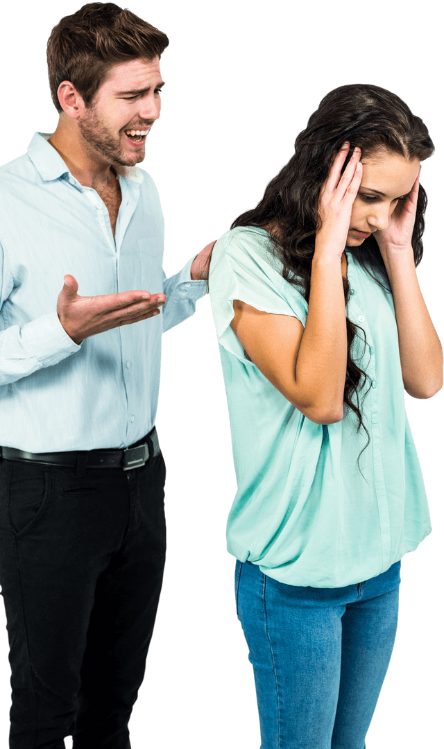 Frustrated Man Shouting at Woman with Head in Hands on Transparent Background