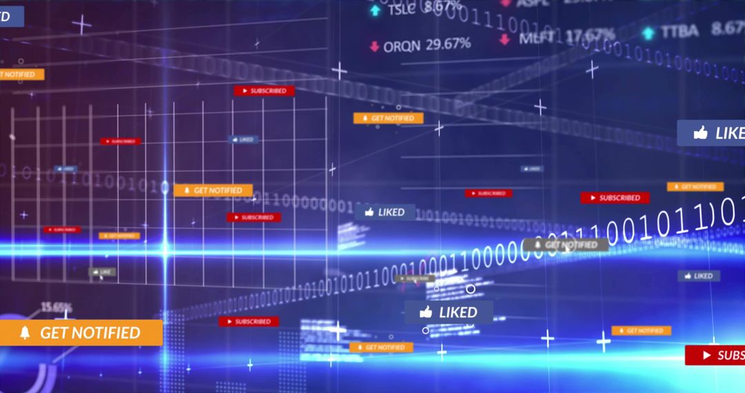 Futuristic Digital Interface with Notification Banners and Binary Code