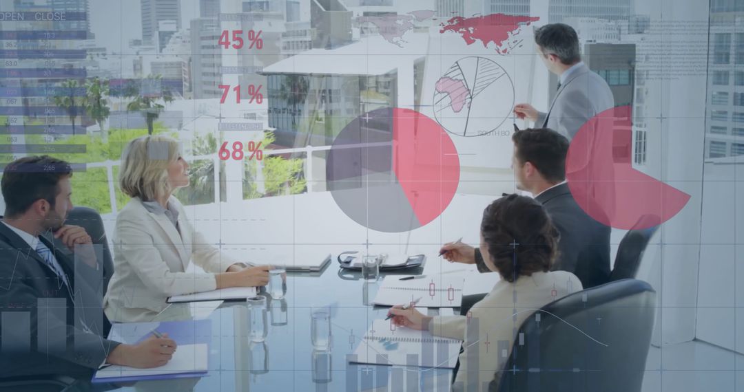 Business Analyst Presenting Sales Data with Infographic Interface