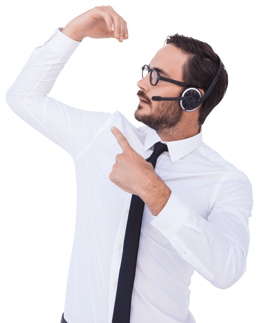 Transparent Businessman with Headset Pointing Confidently Sideways