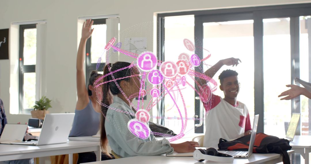 Students Collaborating with AR Network Overlay in Bright Campus Classroom