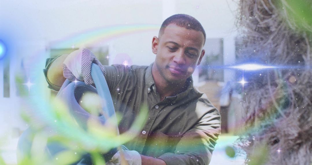 Gardener Caring for Plants with Watering Can in Natural Setting