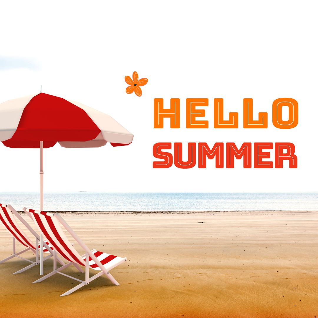 Beach Scene with Sun Loungers and Umbrella Greeting Summer