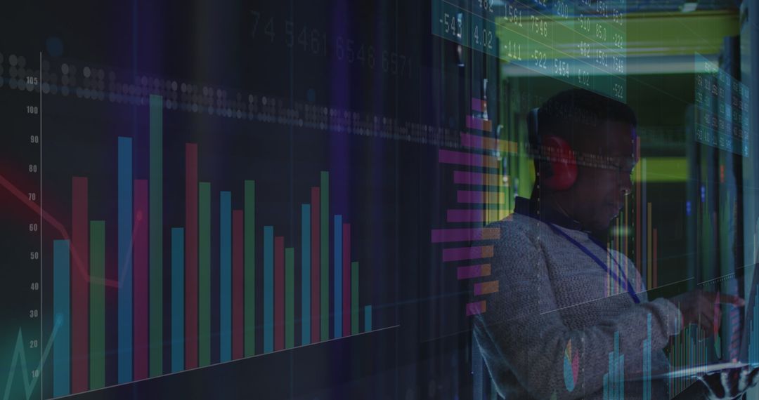 Data Analyst Working in High-Tech Server Room with Graphs