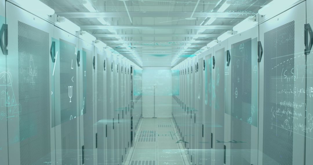 Innovative Mathematics Overlaid on Futuristic Server Room