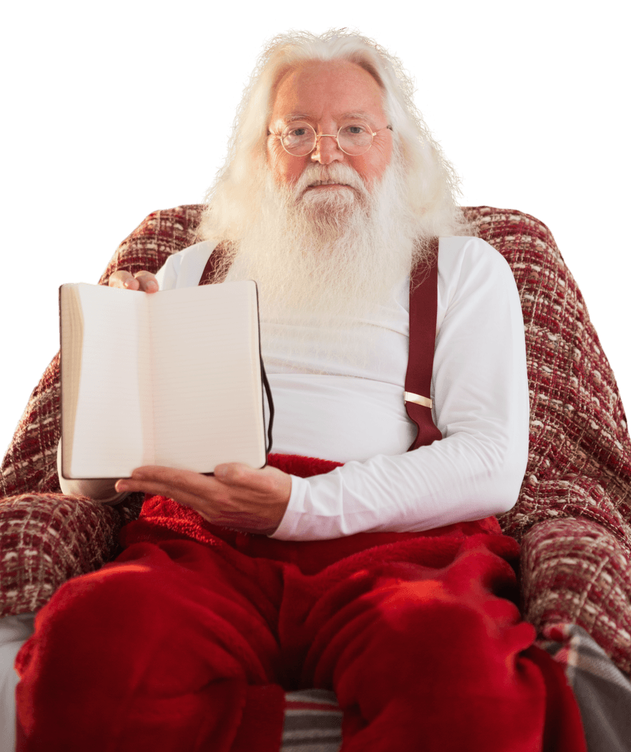 Santa Claus Holding Notebook on Transparent Background