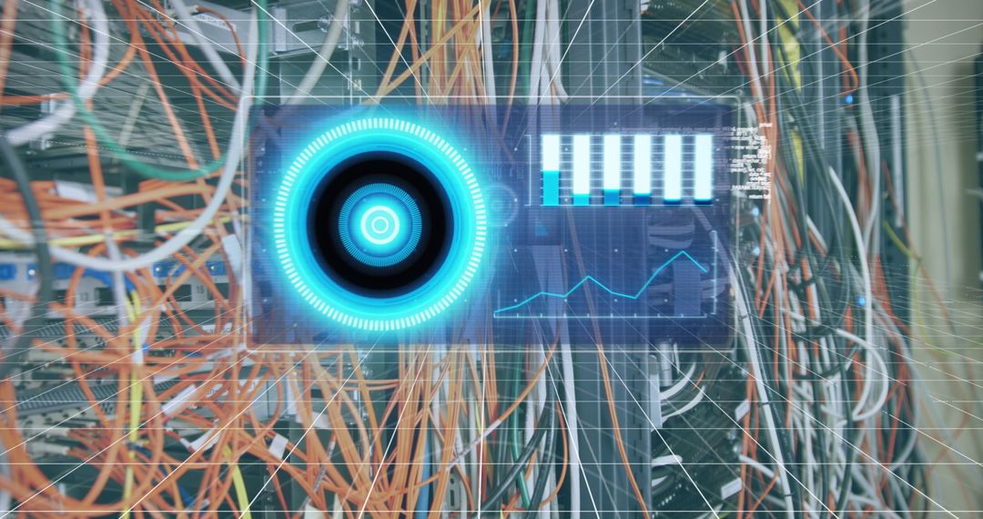 Futuristic Digital Interface Amidst Data Center Cables
