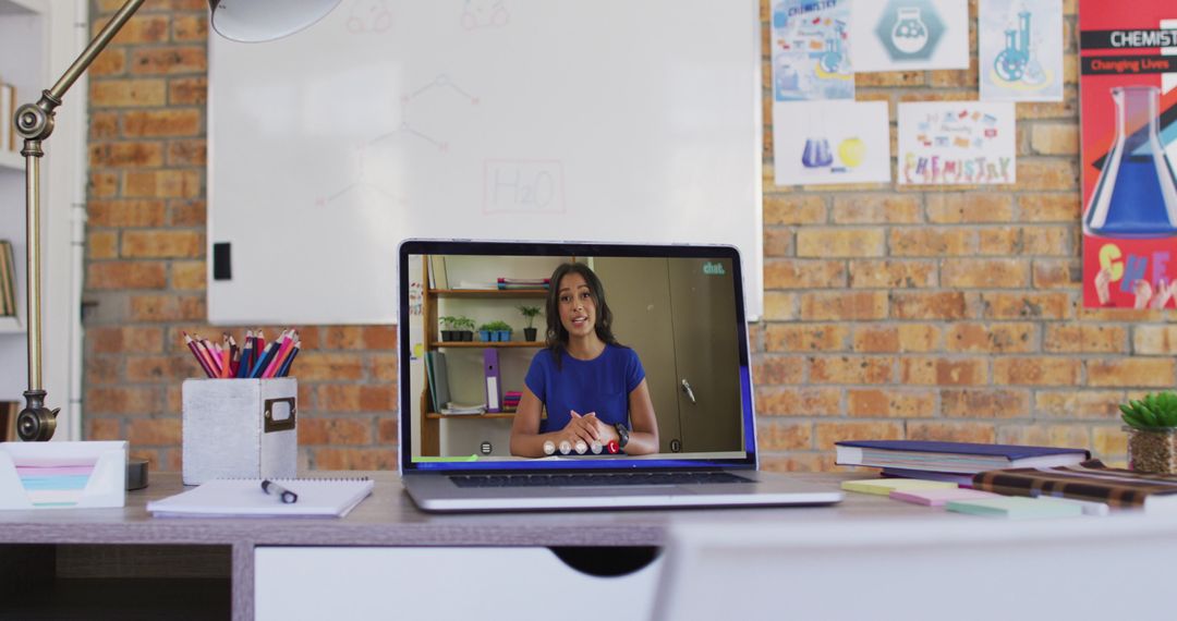 Virtual Classroom with Teacher Video Call on Laptop