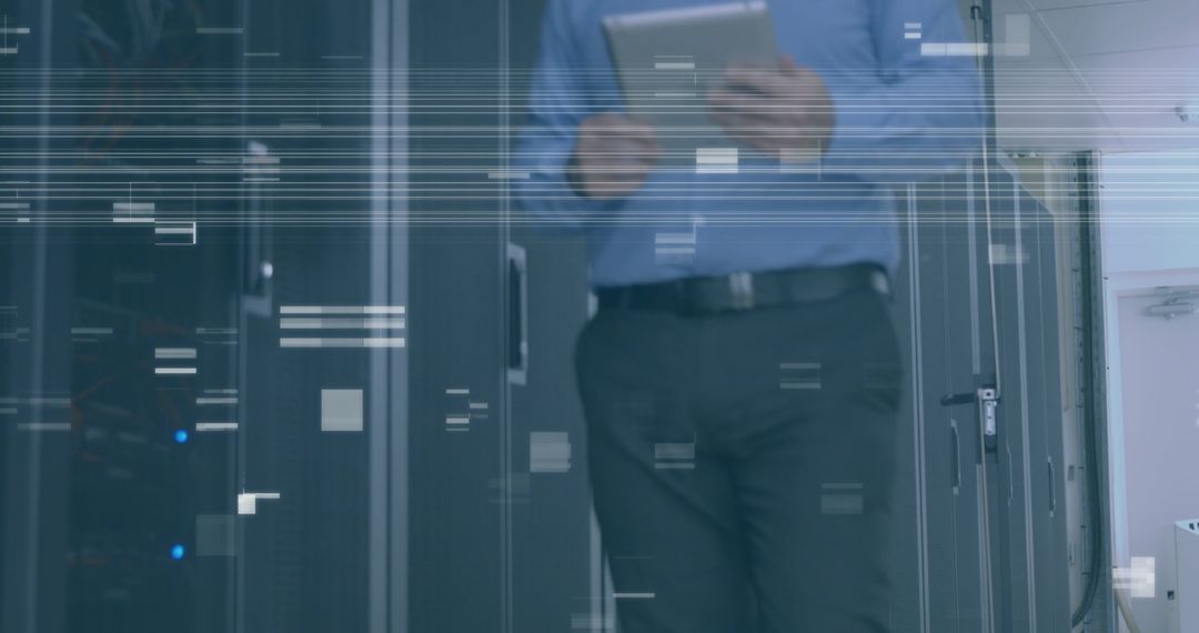 Technician Monitoring Data Center on Tablet in Server Room