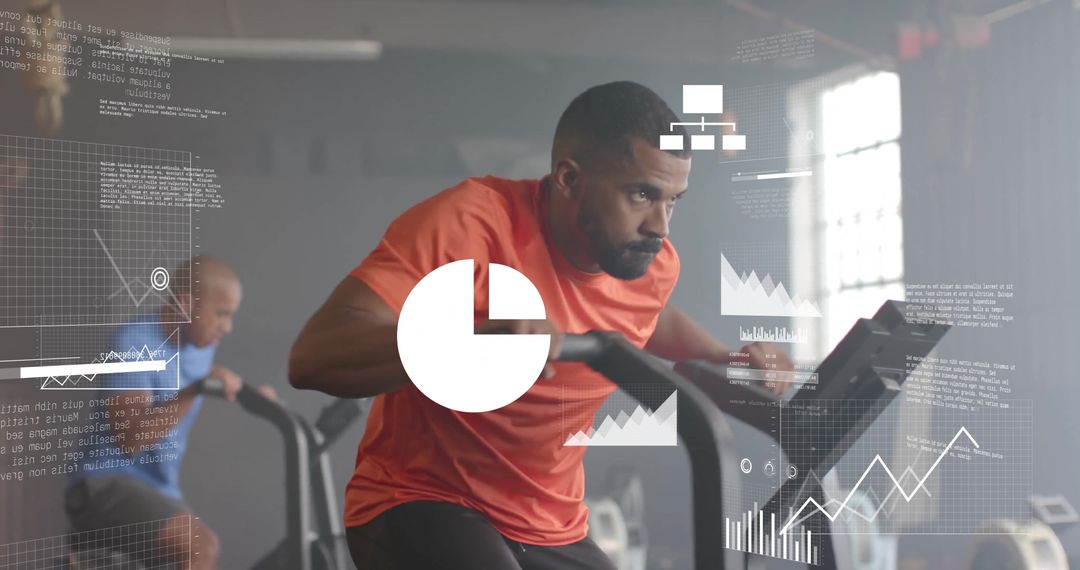 Athletes Analyzing Fitness Data on Elliptical Machines in Gym