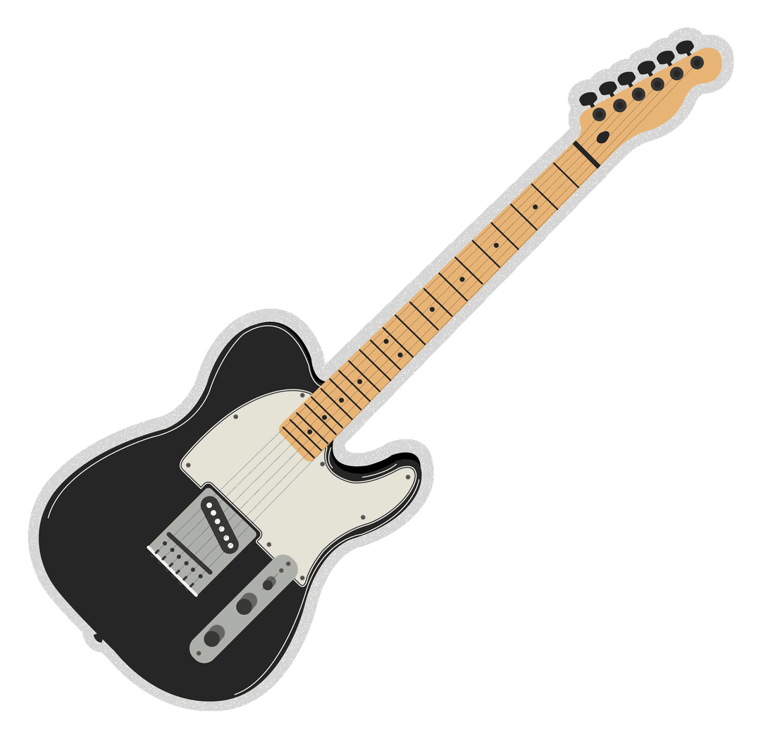 Black Electric Guitar with White Pickguard on Transparent Background