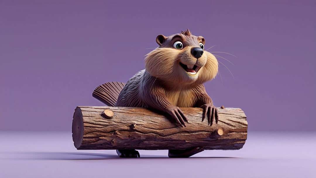 Cheerful Cartoon Beaver with Log in Studio