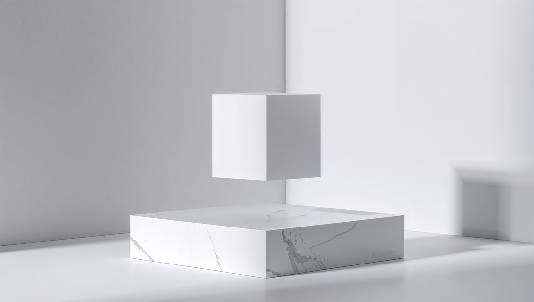 Floating White Cube Over Marble Platform in Minimalist Setting