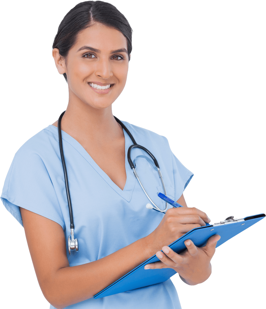 Smiling Medical Professional Holding Clipboard on Transparent Background
