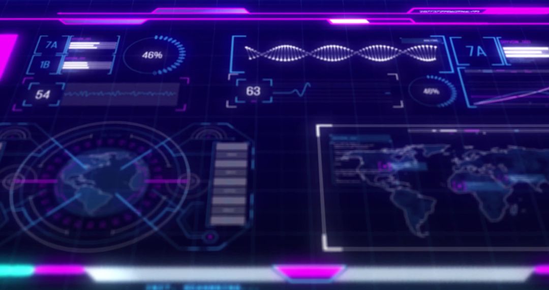 Futuristic Digital Interface with World Map and Data Graphics