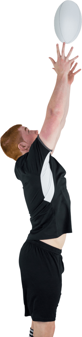 Rugby Player Stretching to Catch Ball on Transparent Background