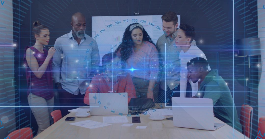 Diverse Team Collaborates Over Digital Data Analysis