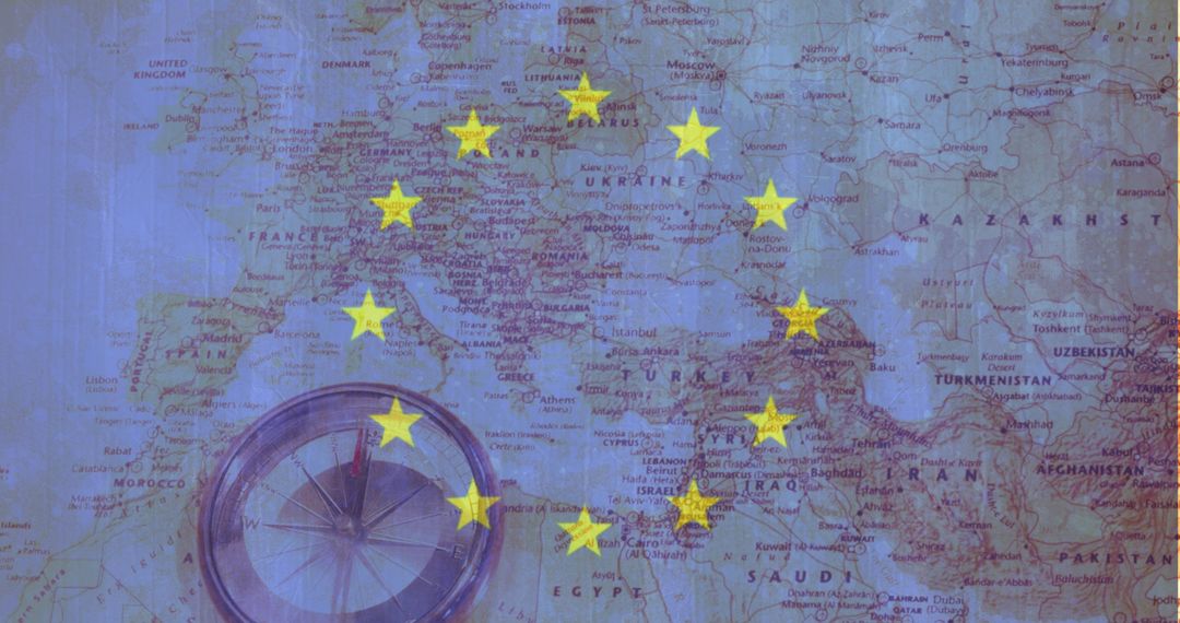 European Union Flag Over Map with Compass Symbol
