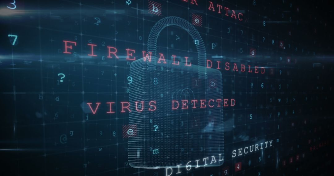 Cybersecurity Threat Warning with Floating Digital Code and Padlock