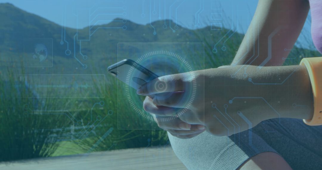 Digital Overlay of Data Analysis with Woman Using Smartphone Outdoors