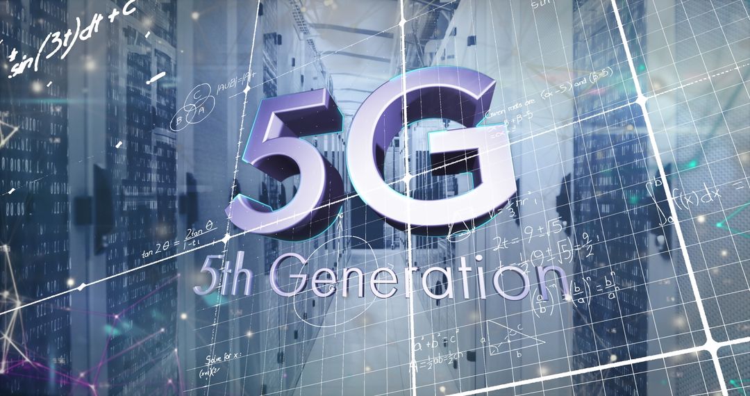 5G Technology Poster with Mathematical Equations in Server Room