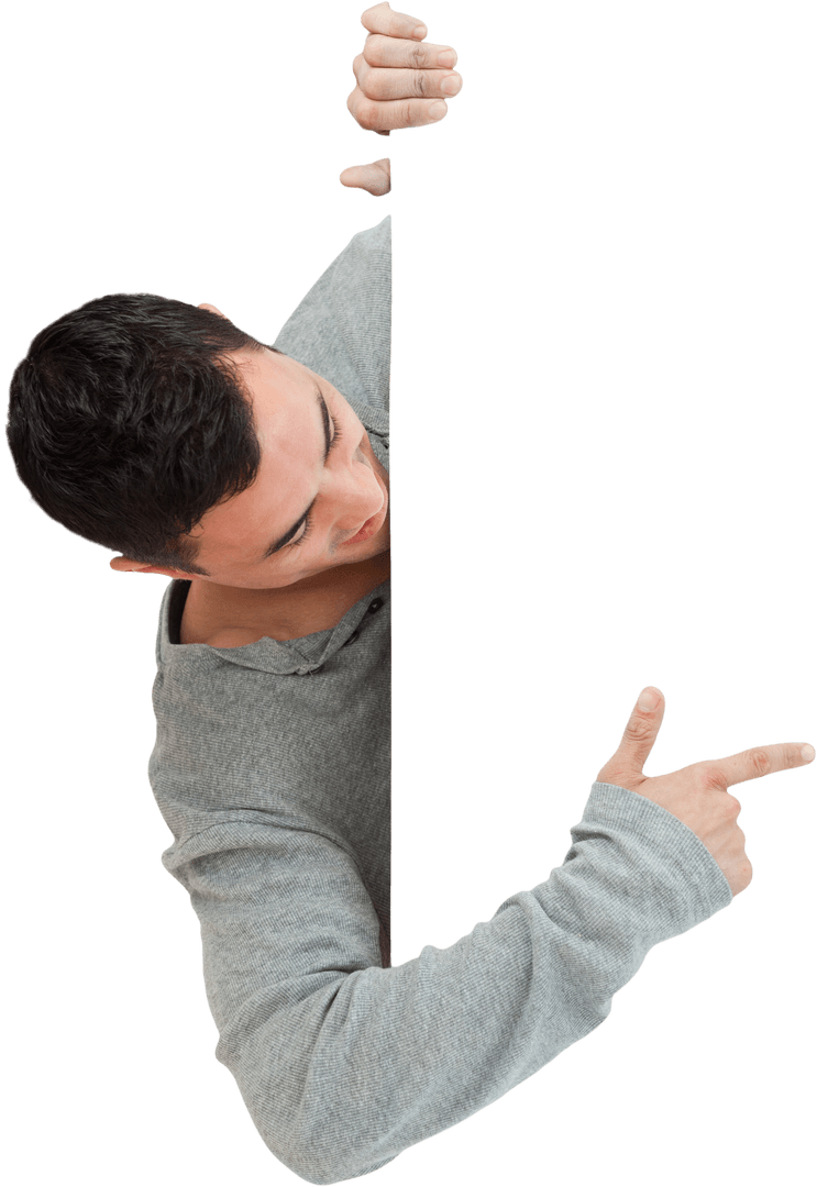 Handsome Man Pointing at Blank Transparent Space, Advertising