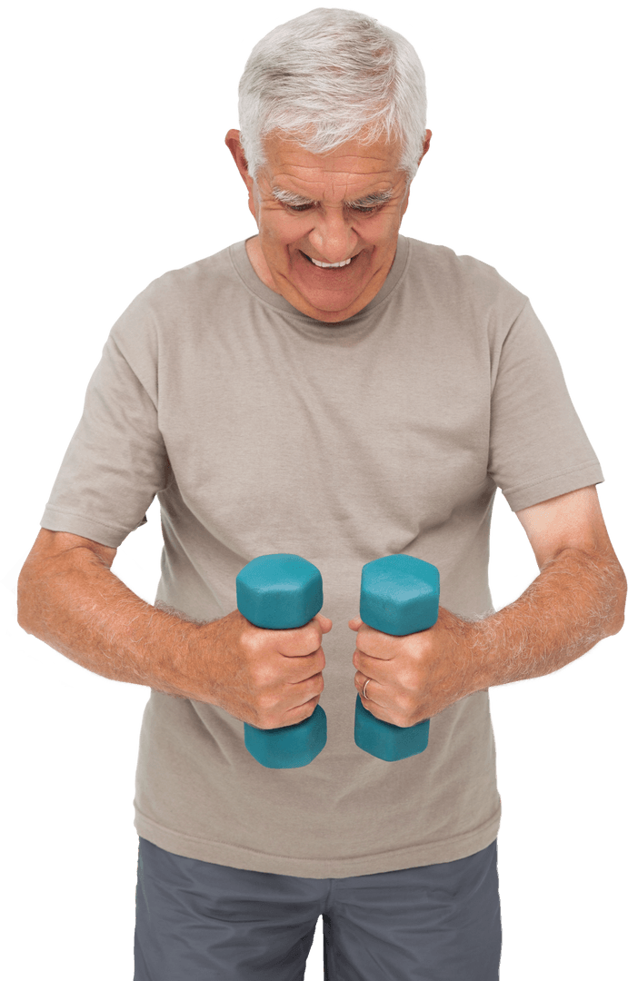 Happy Senior Man Exercising with Dumbbells and Transparent Background