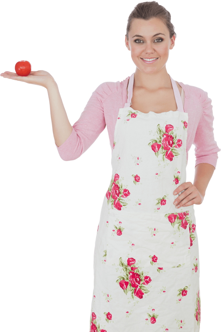 Smiling Woman Holding Tomato in Hand Transparency