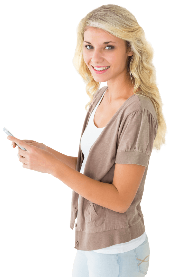 Attractive Blonde Woman Using Smartphone Isolated on Transparent Background