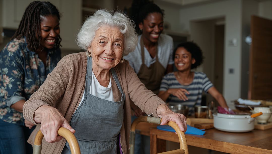 Senior Woman with Walker Cared by Family in Welcoming Kitchen