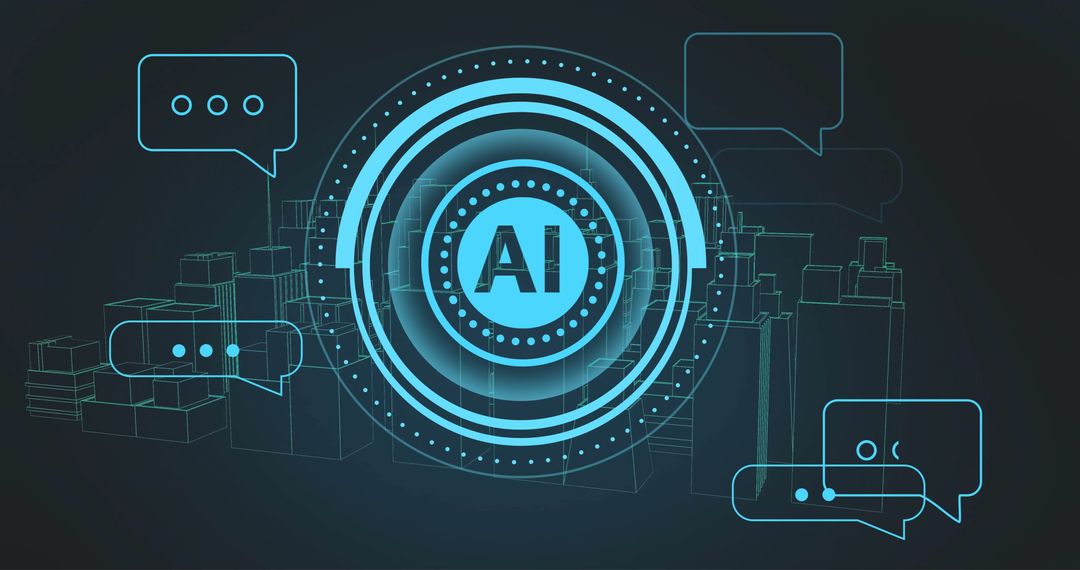 Artificial Intelligence with Digital Cityscape and Chat Bubbles