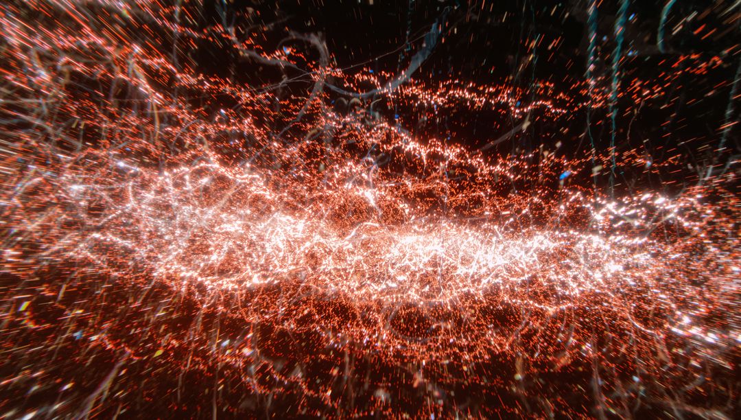 Flowing Neon Energy Stream with Red Sparks and White Filaments for Futuristic Background