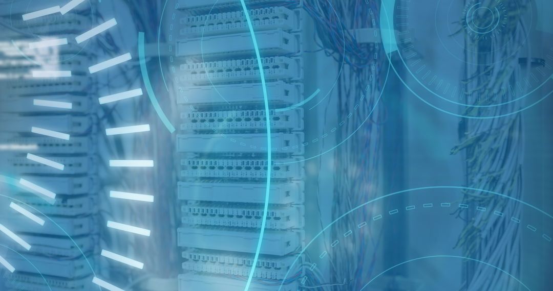 Futuristic Digital Interface Overlaying Data Servers in Technology Hub