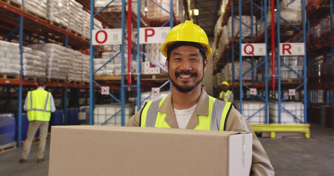 Smiling Warehouse Worker Holding Box in Distribution Center - Free Images, Stock Photos and Pictures on Pikwizard.com