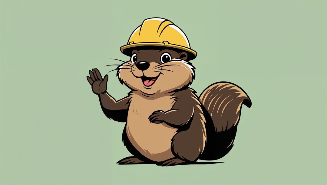 Smiling cartoon beaver wearing hard hat waving paw