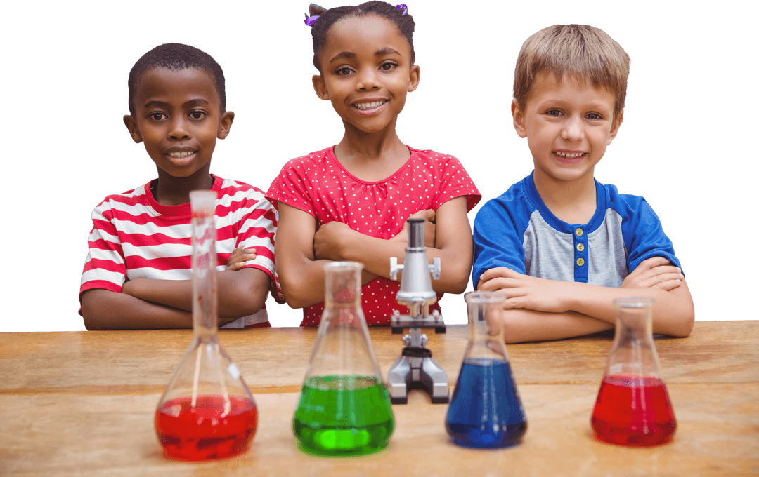 Kids Learning Science with Colorful Beakers Transparent Background