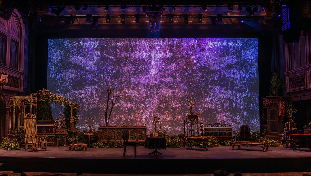 Vintage Proscenium Stage with Antique Parlor Set, Victorian Furniture and LED Backdrop