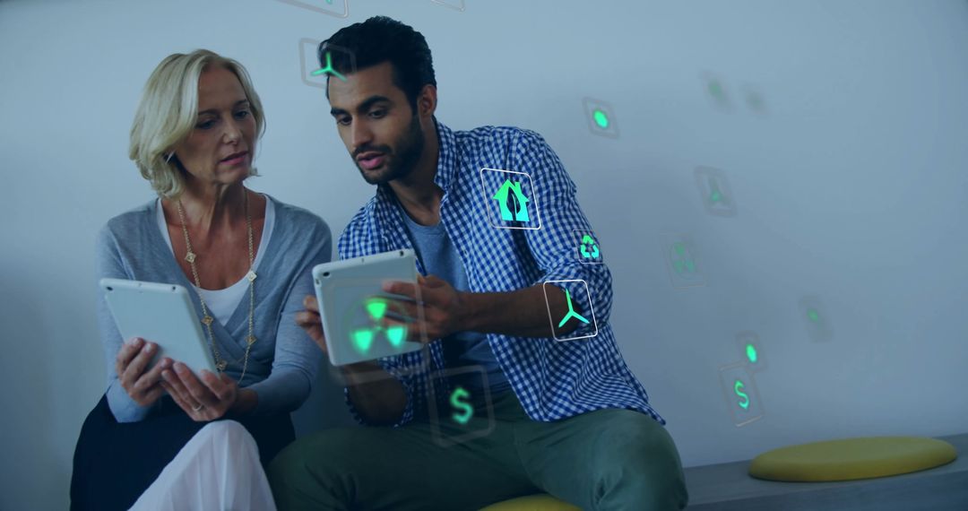 Diverse Professionals Collaborating on Eco-Friendly Technology