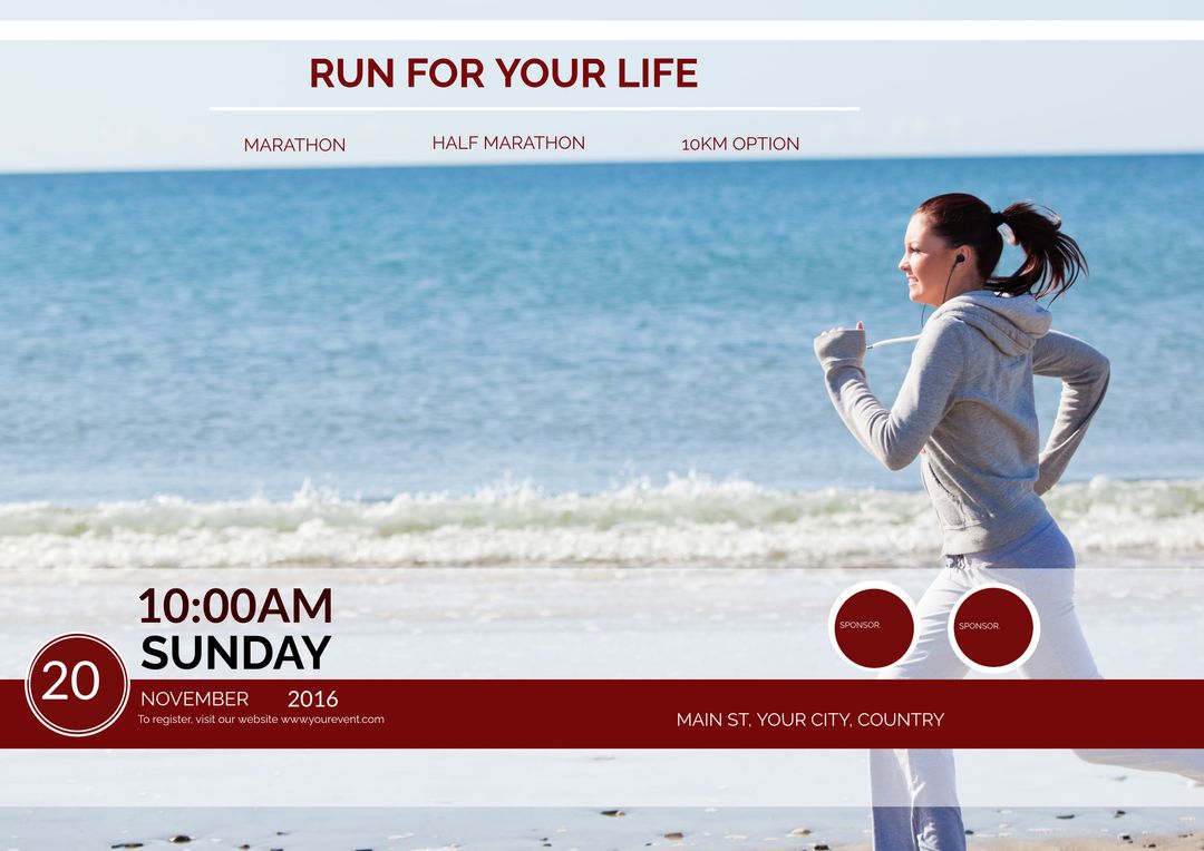 Woman Jogging at Beach for Health and Fitness Event Promotion