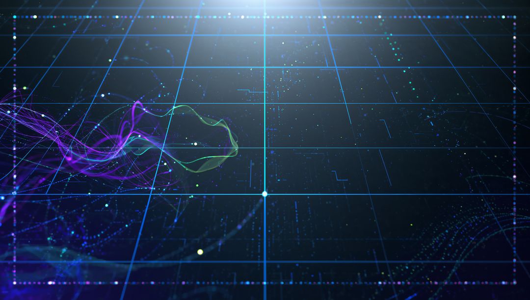 Pulsing Neon Grid with Cyan Node and Flowing Purple Waveform Crossing Virtual Plane