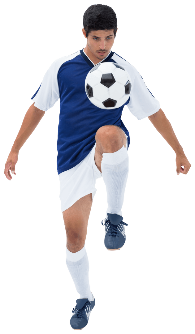 Caucasian Male Soccer Player Juggling Ball on Transparent Background