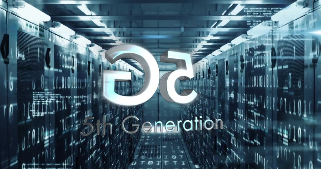 Glowing 5G Icon in Futuristic Data Center with Binary Code