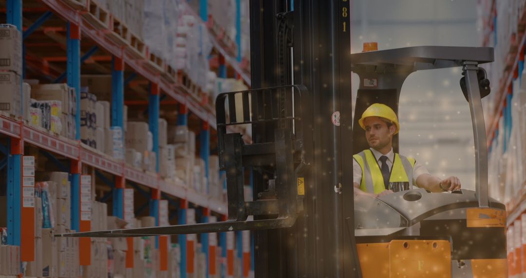 Warehouse Worker Operating Forklift with Glowing Light Effects