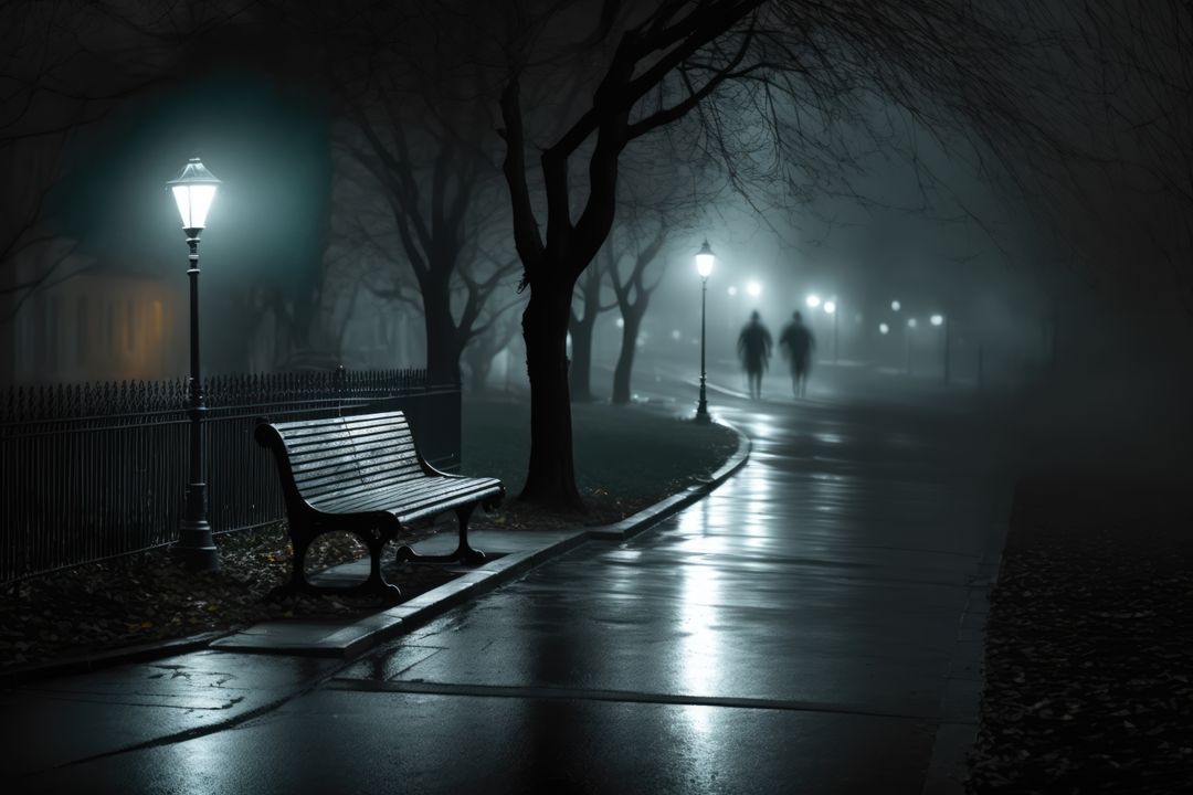 Bench in park with street lamp on dark misty rainy night, created using generative ai technology - Free Images, Stock Photos and Pictures on Pikwizard.com