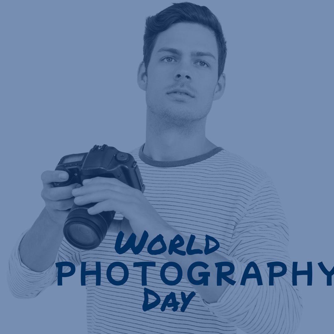 Caucasian Man Holding Camera with World Photography Day Text Overlay - Download Free Stock Templates Pikwizard.com