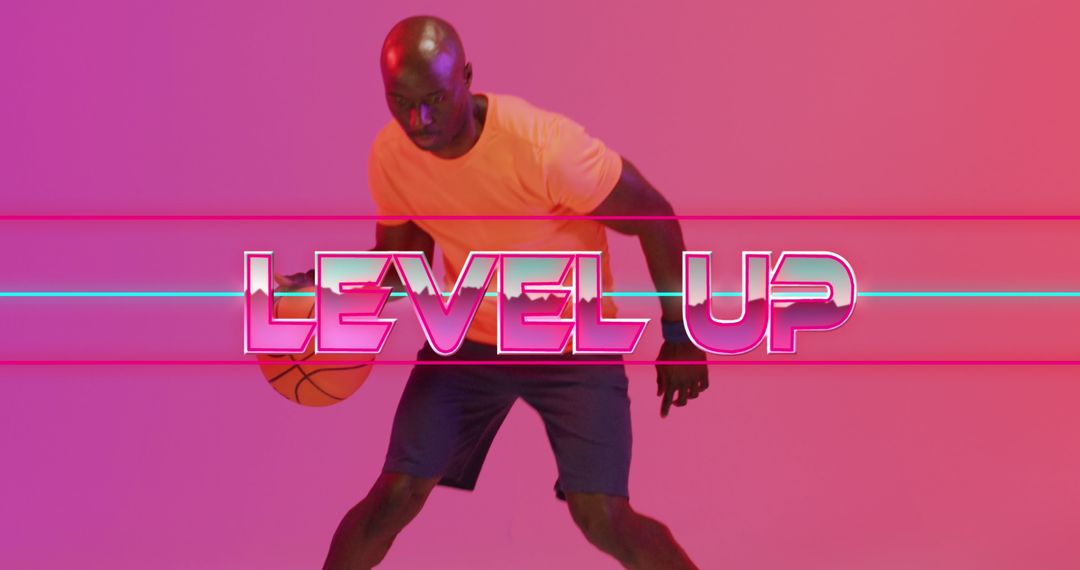 Dynamic Basketball Player Highlight with Neon 'Level Up' Text Overlay