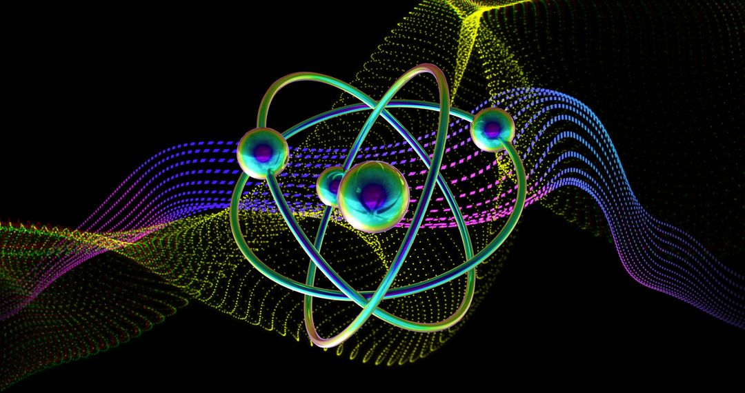 Colorful Atomic Structure with Dynamic Wave on Black Background - Free Images, Stock Photos and Pictures on Pikwizard.com