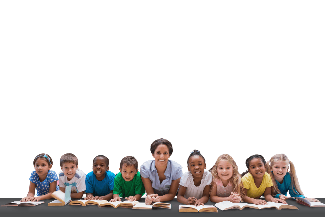 Diverse Schoolchildren Reading with Teacher on Transparent Background